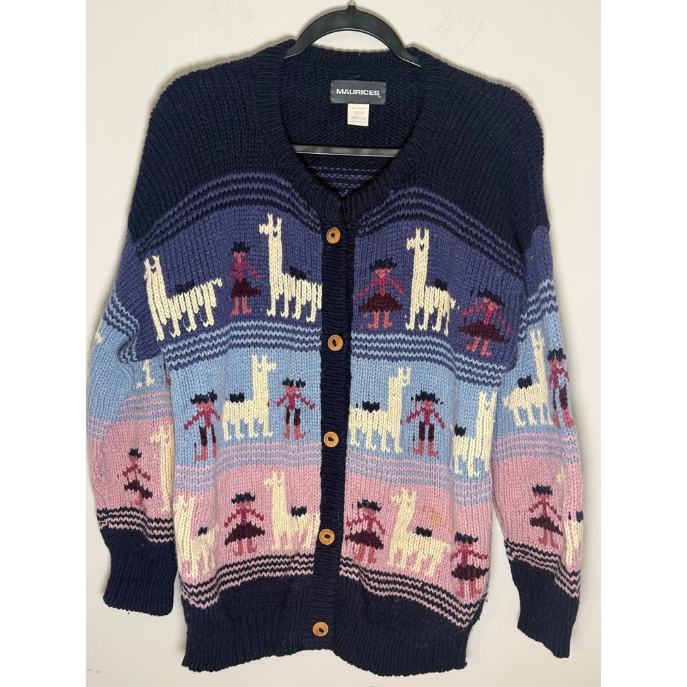 Vintage Maurices Cardigan Novelty Llama 100% Lambswool Women M Cottagecoreedium